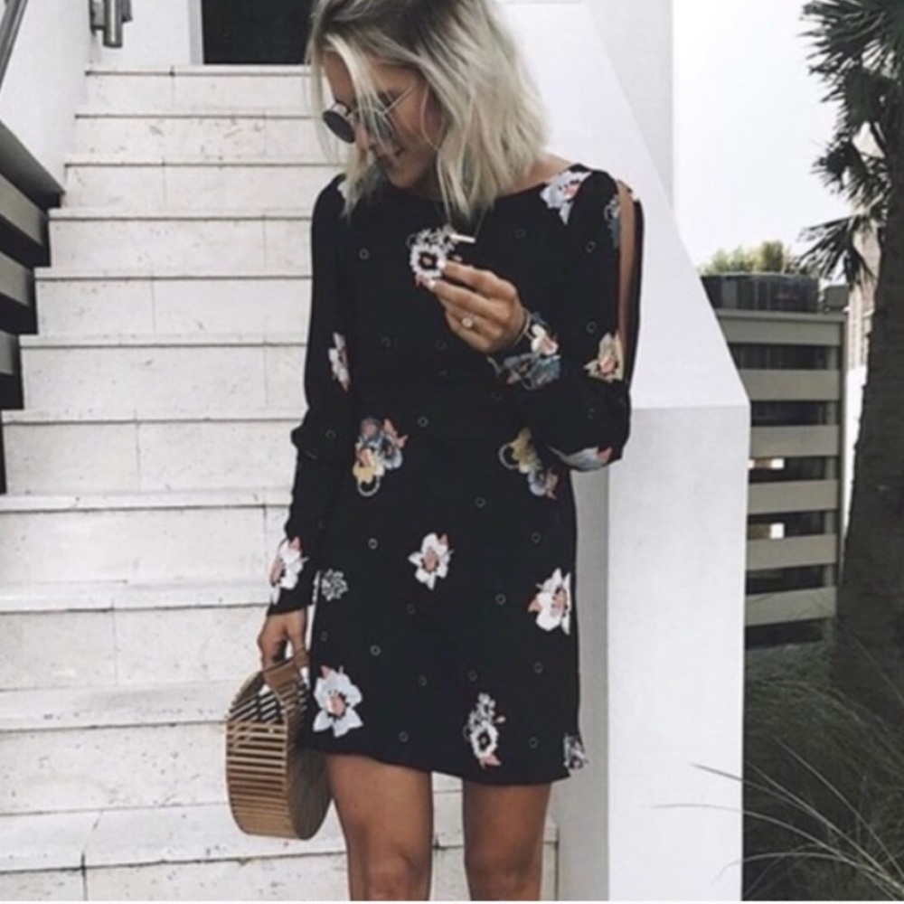 Free People Black & Floral Split Sleeve Dress